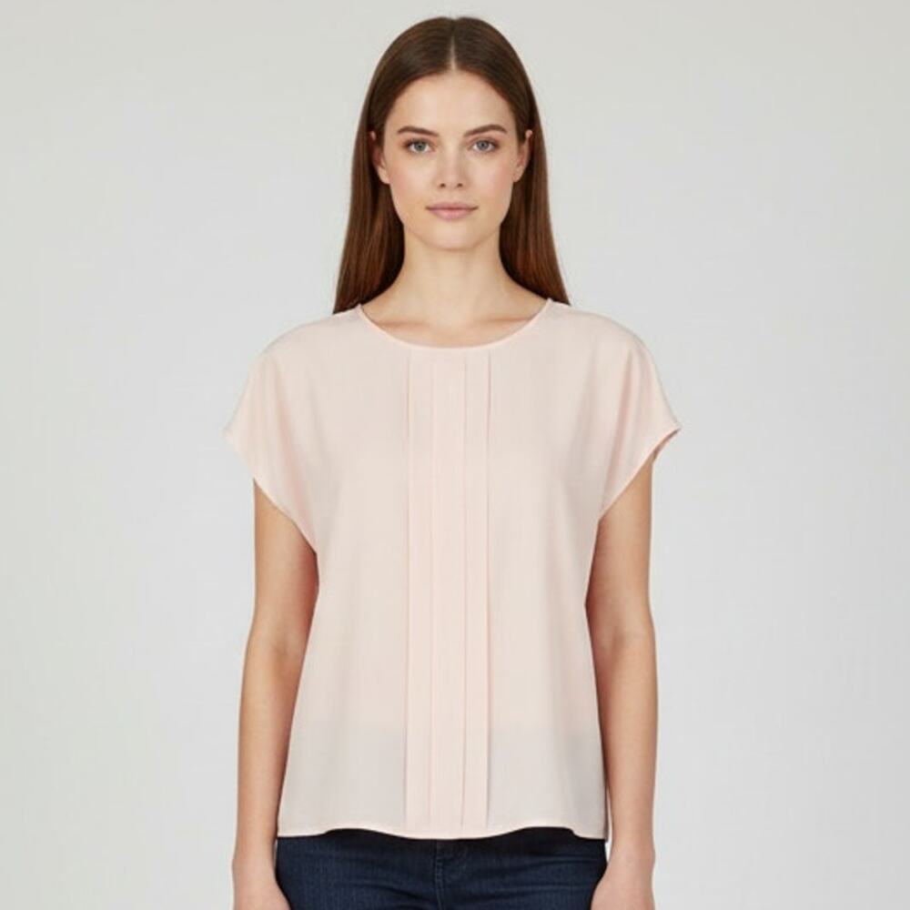 Vintage ORARE Womens 16 Pink Pleated Blouse Satin Touch Short Sleeve Made USA